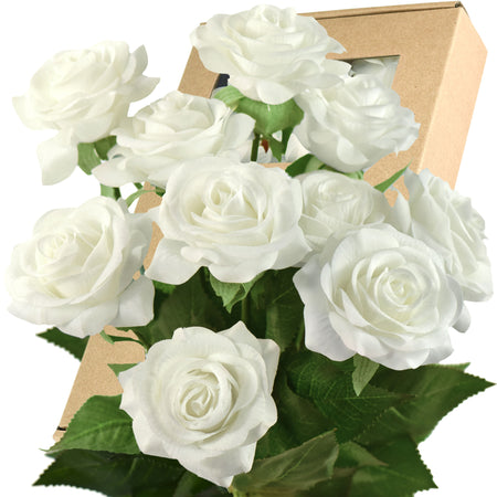 Artificial Flowers Real Touch Silk Roses 10 Stems (White)