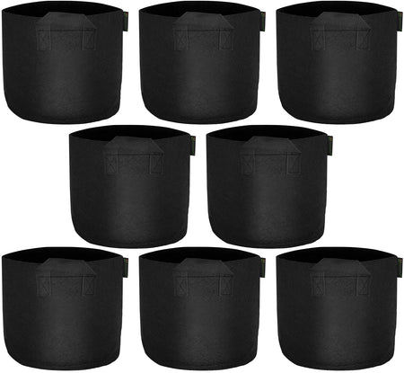 Black 10-gallon fabric grow bags with handles, 8-pack.