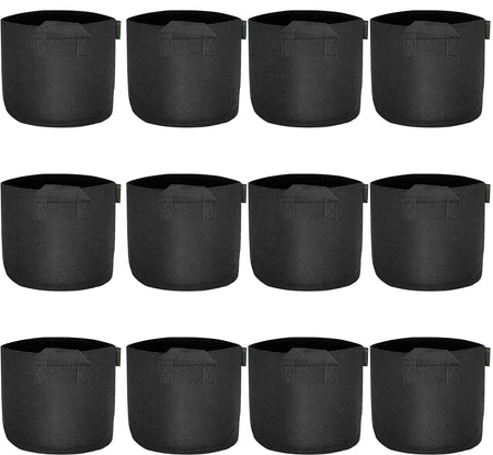 Black 2-gallon fabric grow bags with handles, 12-pack.