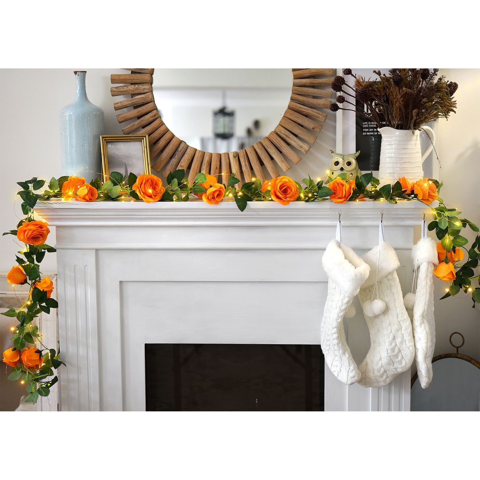 14 Ft 2 Pack Mandarin Orange Rose Silk Flower Garland Artificial Flowers Decoration Hanging Floral with 33 feet String Lights