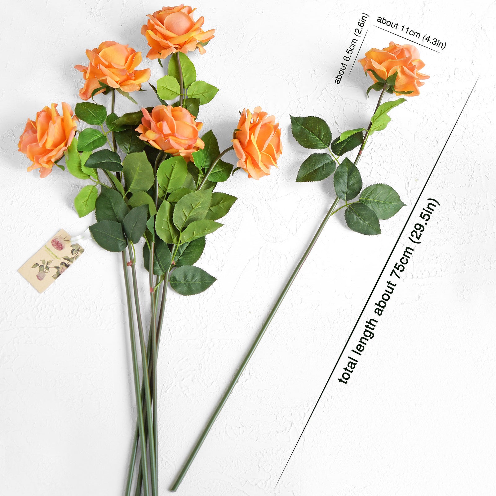 6 Long Stems Sunglow Orange Real Touch Garden Roses Large Blooms