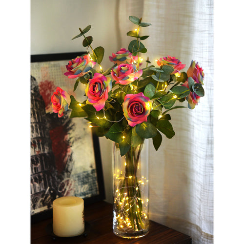 Real Touch Rainbow Rose Bouquet Artificial Flowers with Twinkling LED Lights: Illuminate Your Moments (10 Stems)