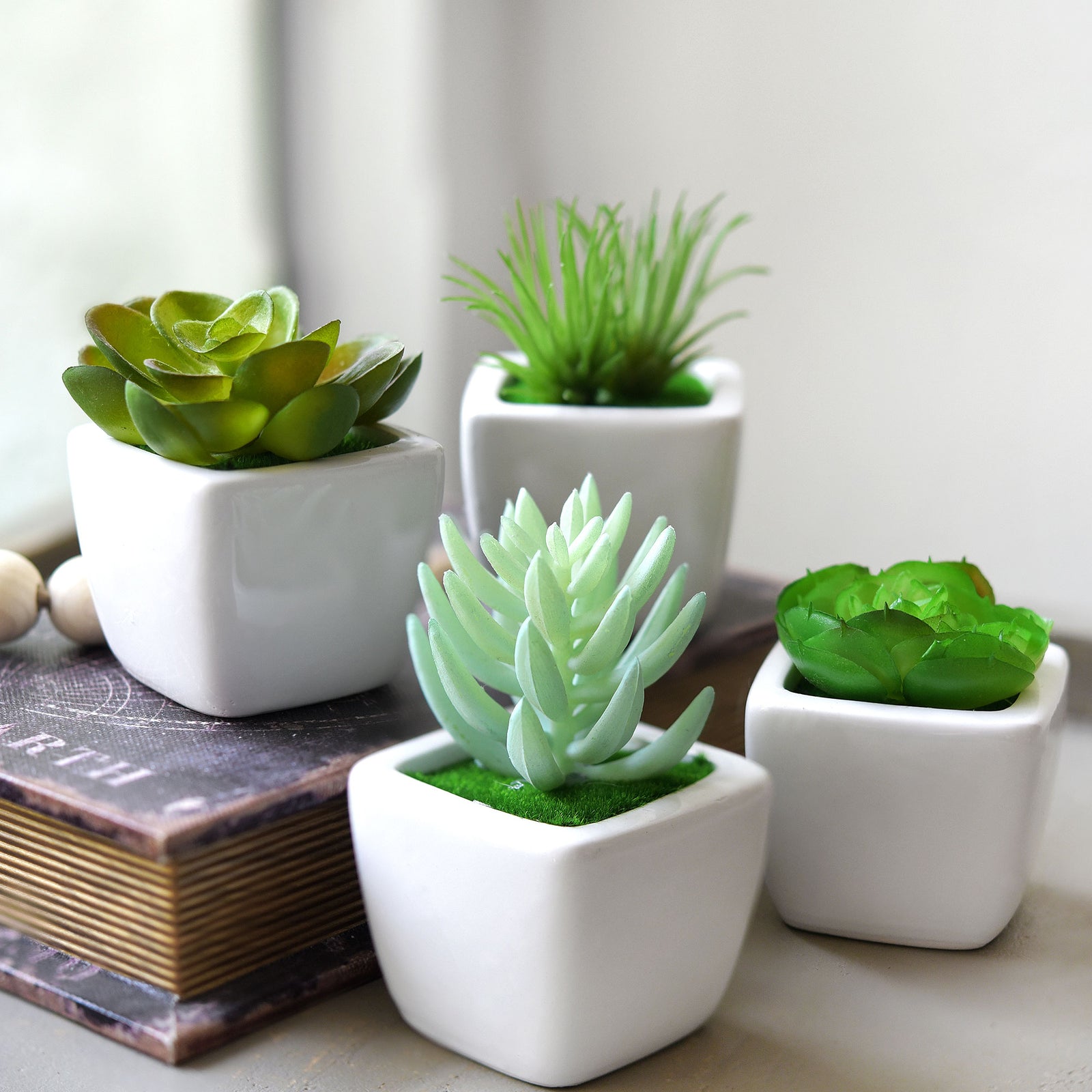 Set of 4 Mini Artificial Potted Green Succulent Plants/Faux Bonsai Aloe (Style B)