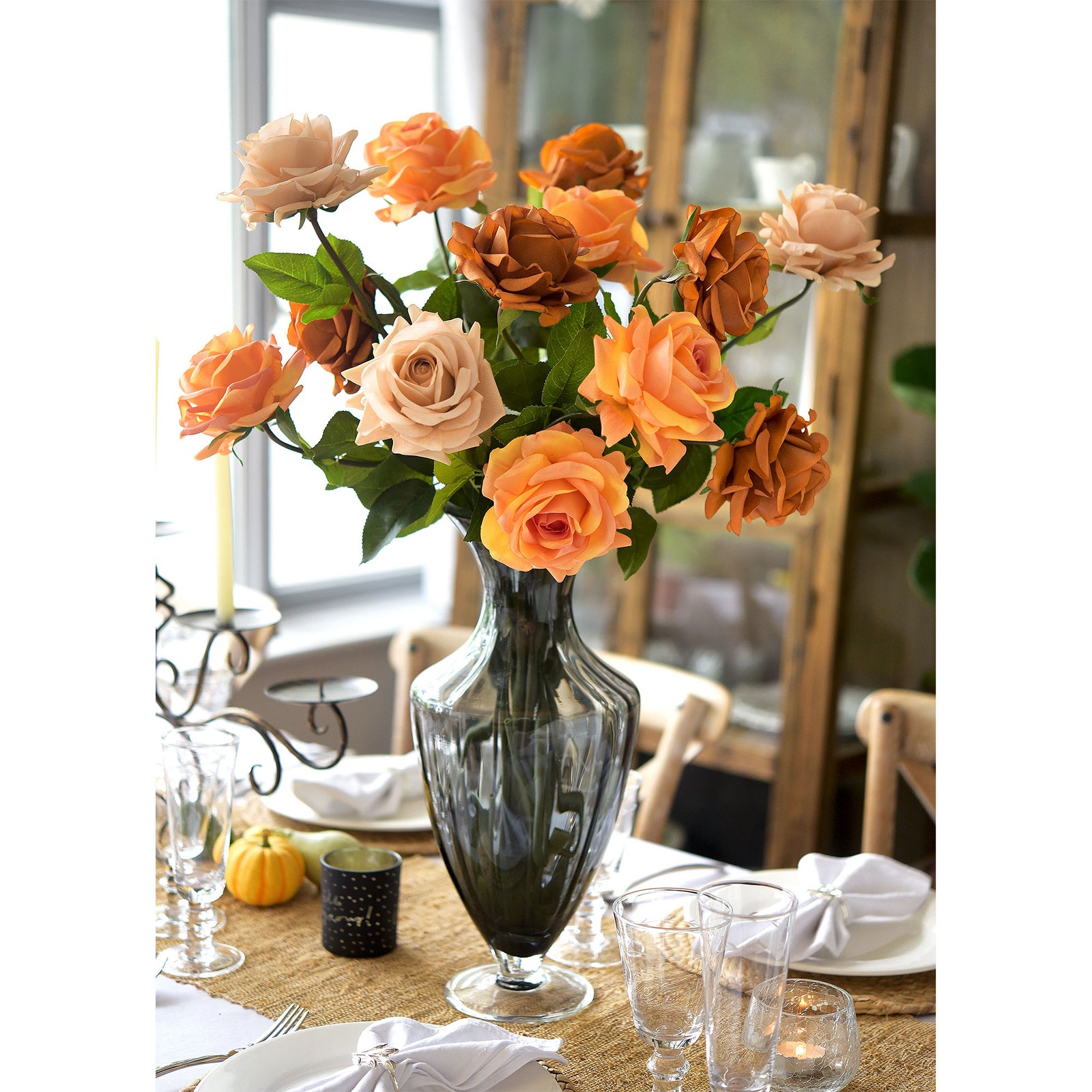 6 Long Stems Sunglow Orange Real Touch Garden Roses Large Blooms