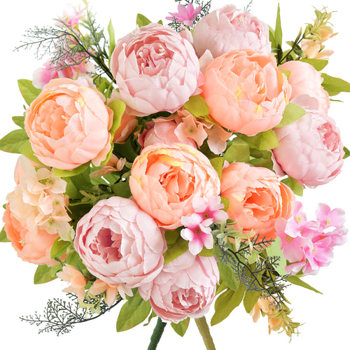 Soft Spring Delight Artificial Peony Bouquet – Set of 2 Faux Silk Bundles (Peach, Cream & Spring Green) – Flexible Stems for Weddings & Home Décor