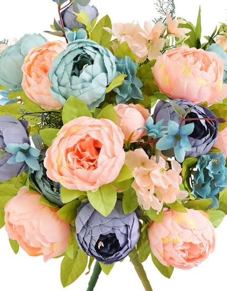 Blue Serenity Bloom Artificial Peony Bouquet – Set of 2 Faux Silk Bundles (Navy, Aqua, Peach & Cream) – Flexible Stems for Events & Home Styling