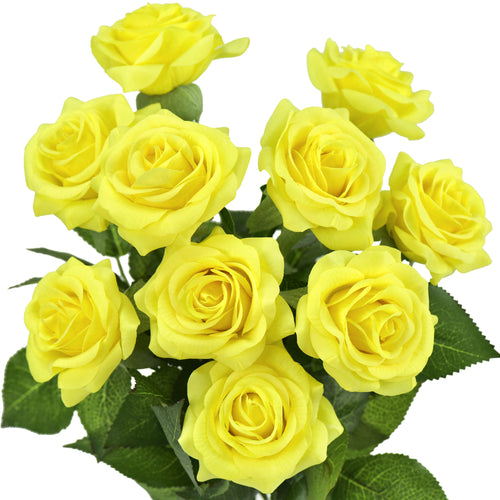 Yellow Real Touch Silk Artificial Flowers ‘Petals Feel and Look like Fresh Roses 10 Stems