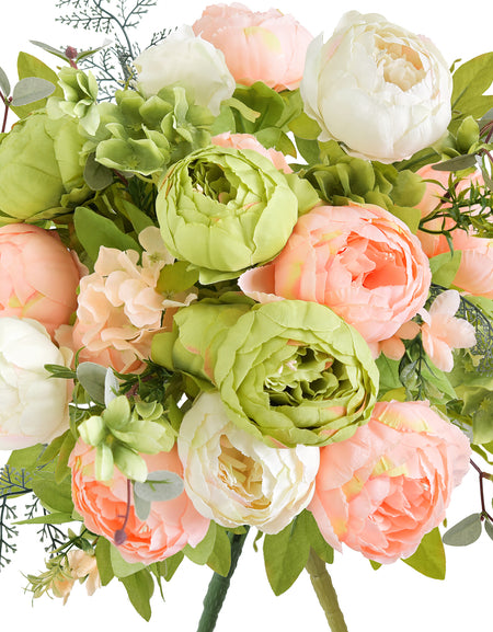 Meadow Blush Artificial Peony Bouquet – Set of 2 Faux Silk Bundles (Blush Peach, Cream & Light Green) – Ready-to-Style Floral Décor