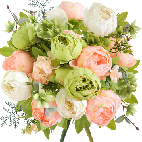 Meadow Blush Artificial Peony Bouquet – Set of 2 Faux Silk Bundles (Blush Peach, Cream & Light Green) – Ready-to-Style Floral Décor