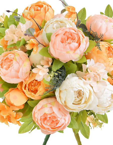 Autumn Ivory & Orange Artificial Peony Bouquet – Set of 2 Faux Silk Bundles (Ivory, Peach & Harvest Orange) – Fall Centerpiece Flowers