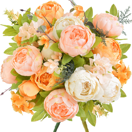 Autumn Ivory & Orange Artificial Peony Bouquet – Set of 2 Faux Silk Bundles (Ivory, Peach & Harvest Orange) – Fall Centerpiece Flowers