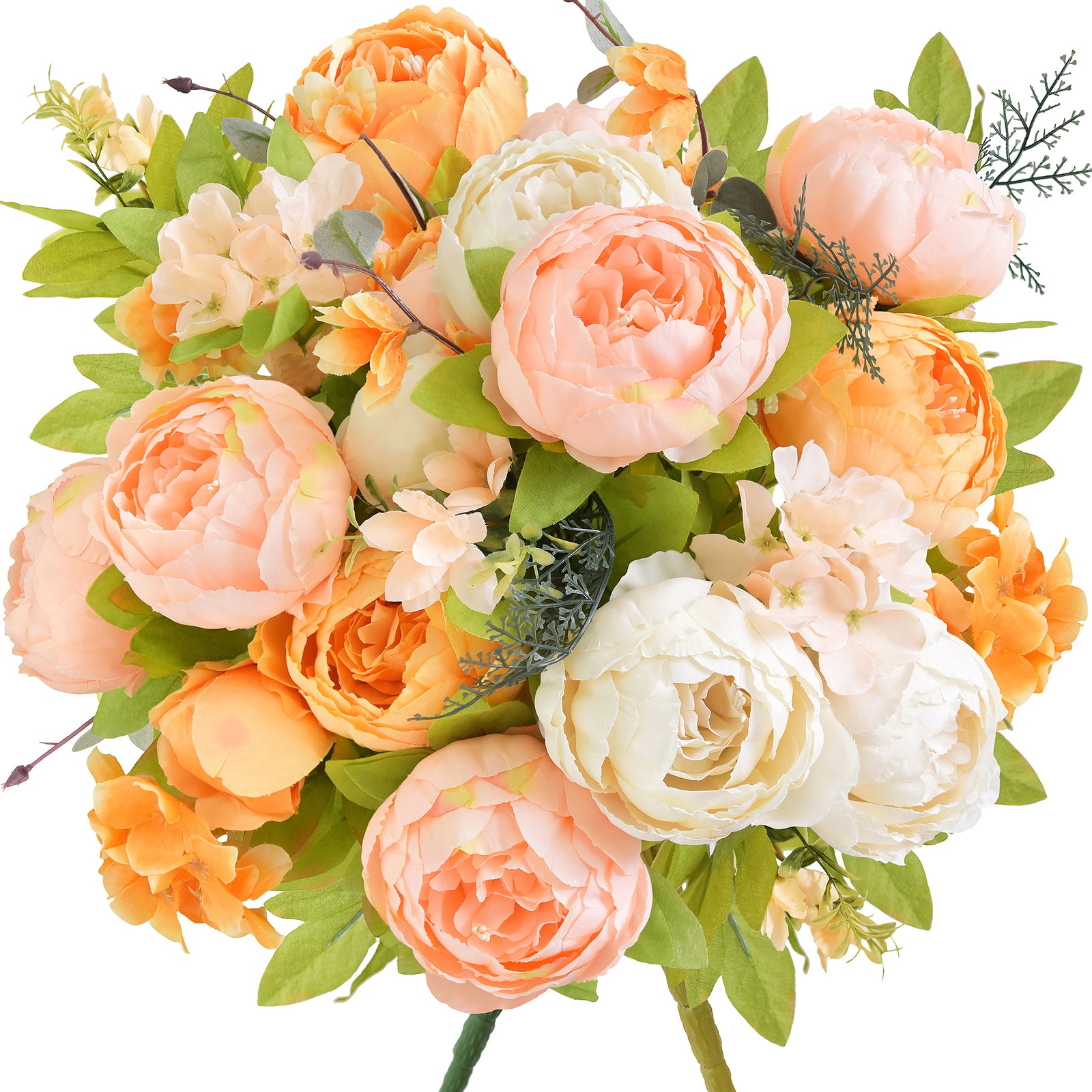 Autumn Ivory & Orange Artificial Peony Bouquet – Set of 2 Faux Silk Bundles (Ivory, Peach & Harvest Orange) – Fall Centerpiece Flowers