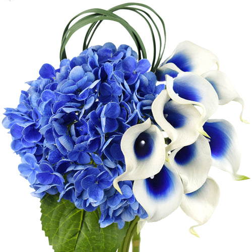 Real Touch Royal Blue Hydrangea and Blue with White Call Lilies Mix Flower Bouquet Artificial Flowers Arrangement 14 Stems