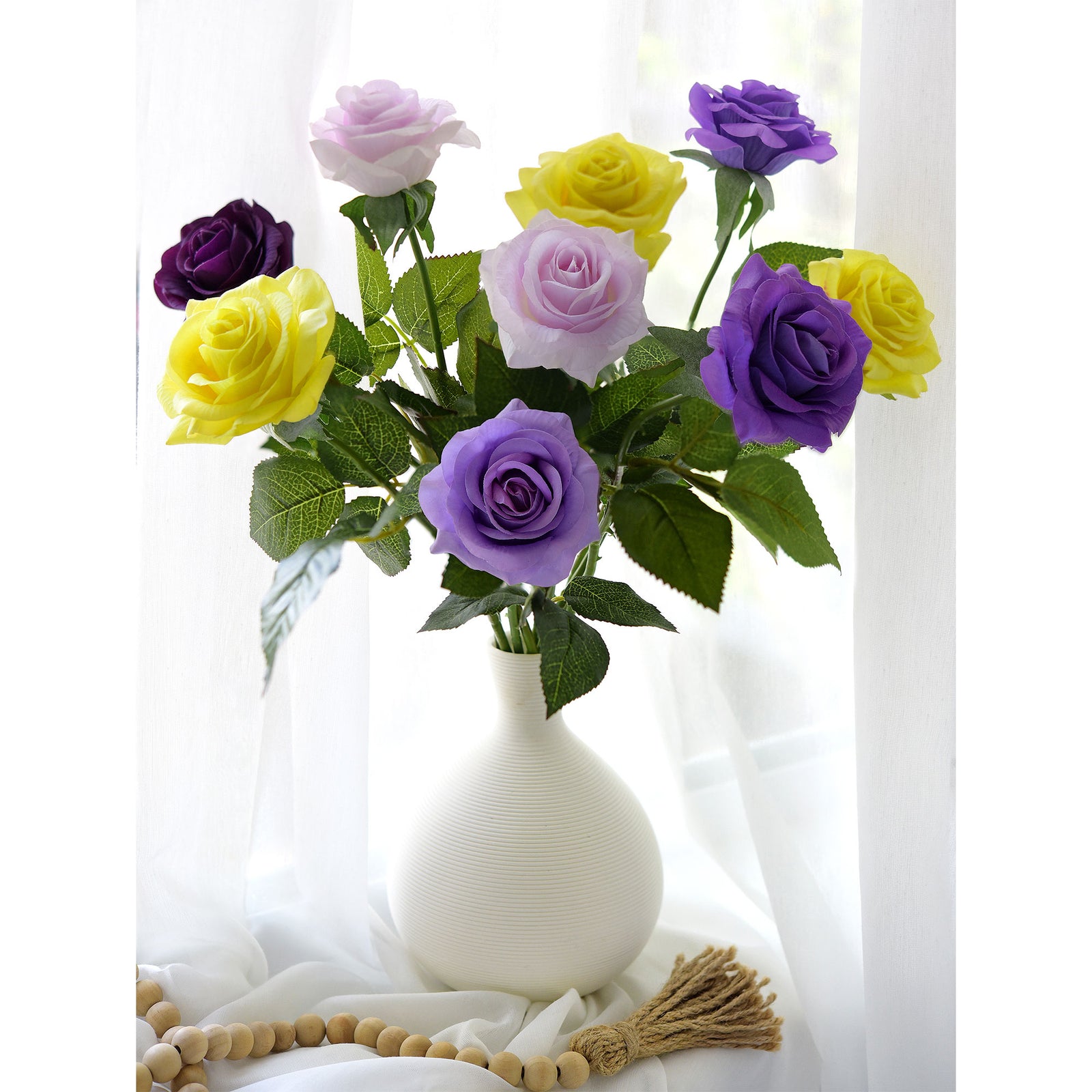 ''Happy Quintette'' of Real Touch Silk Roses Bouquet Artificial Flowers 9 Stems
