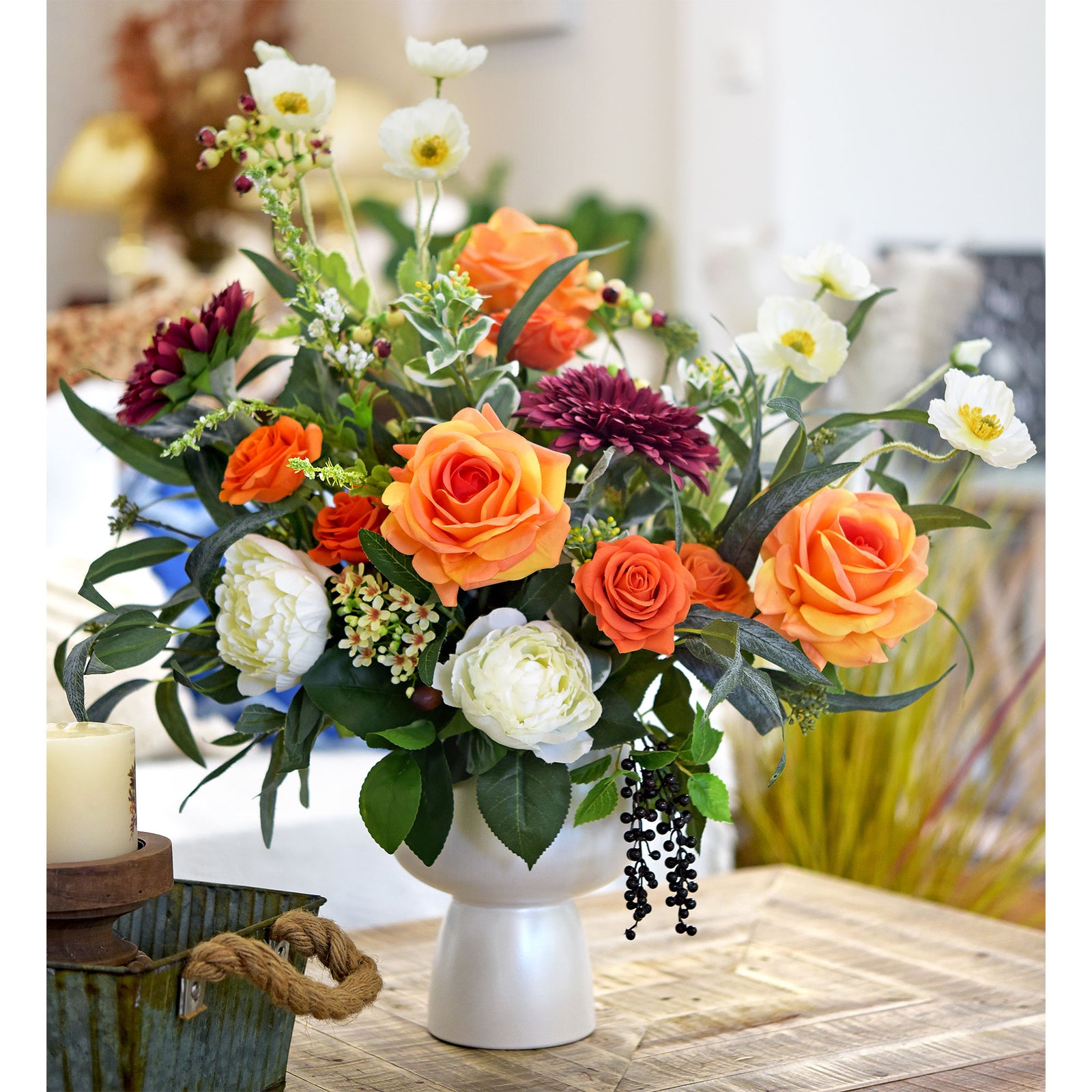 6 Long Stems Sunglow Orange Real Touch Garden Roses Large Blooms