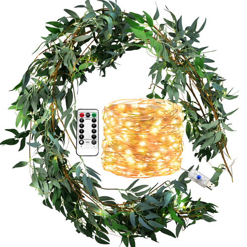 2 Mix Rustic Willow Garlands, Bendable Artificial Greenery Vine Leaves for Wedding Home Decoration with 33 Feet String Lights