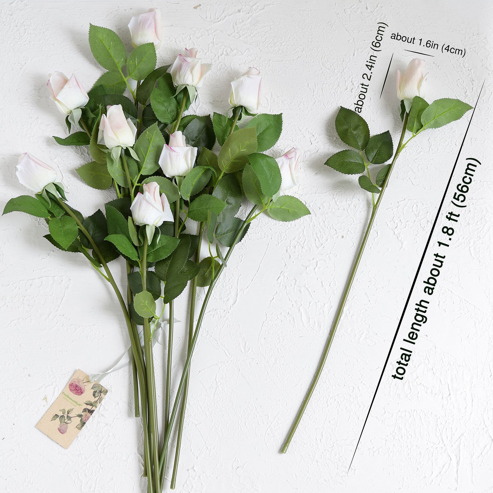 Antique White Pink Long Stem 21 inches Roses Real Touch Silk Artificial Flowers 12 Stems