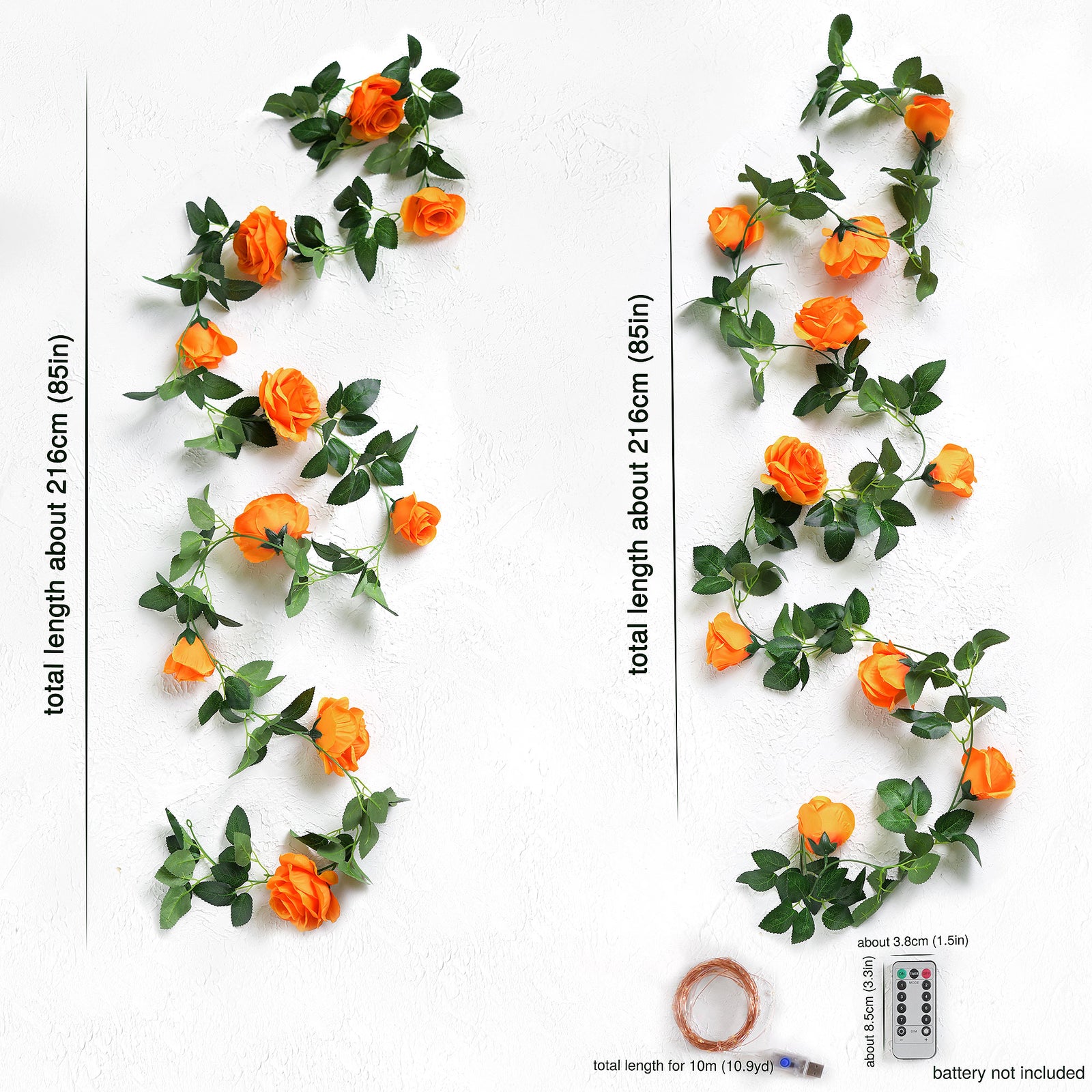 14 Ft 2 Pack Mandarin Orange Rose Silk Flower Garland Artificial Flowers Decoration Hanging Floral with 33 feet String Lights