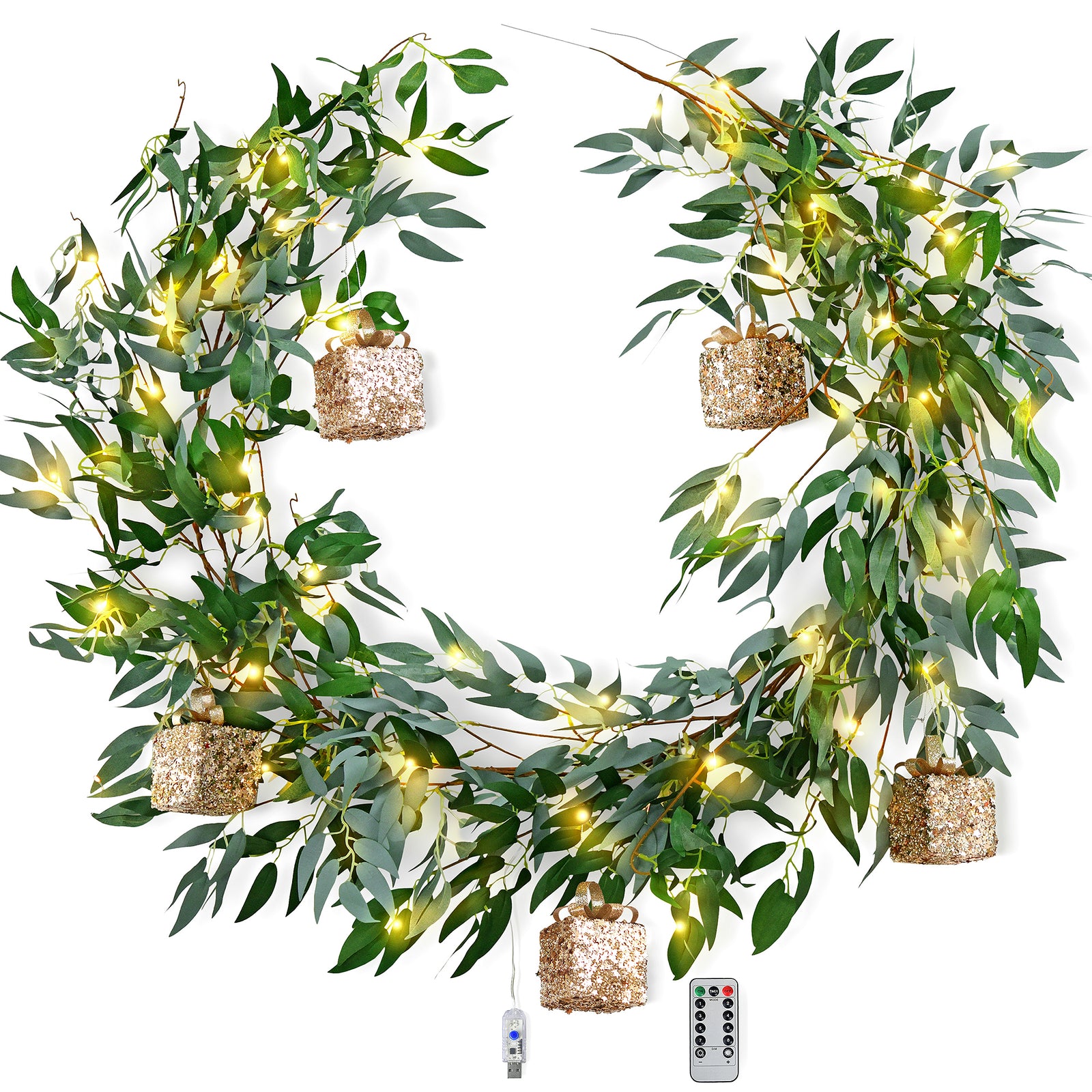 Lighted Willow Leaf Artificial Garlands with Gift Ornaments and Remote