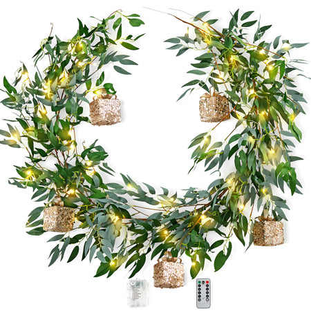 Lighted Willow Leaf Artificial Garlands with Gift Ornaments and Remote