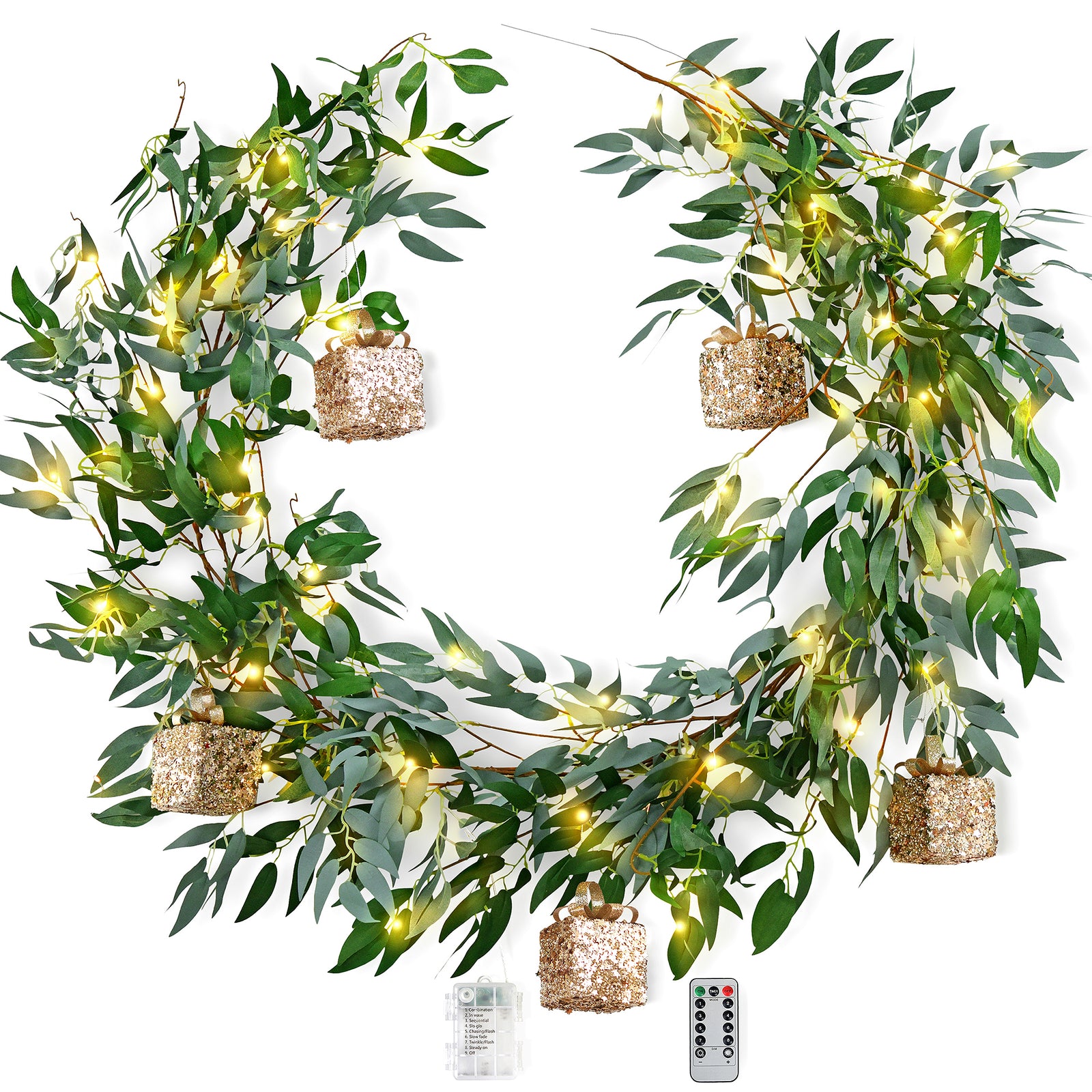 Lighted Willow Leaf Artificial Garlands with Gift Ornaments and Remote