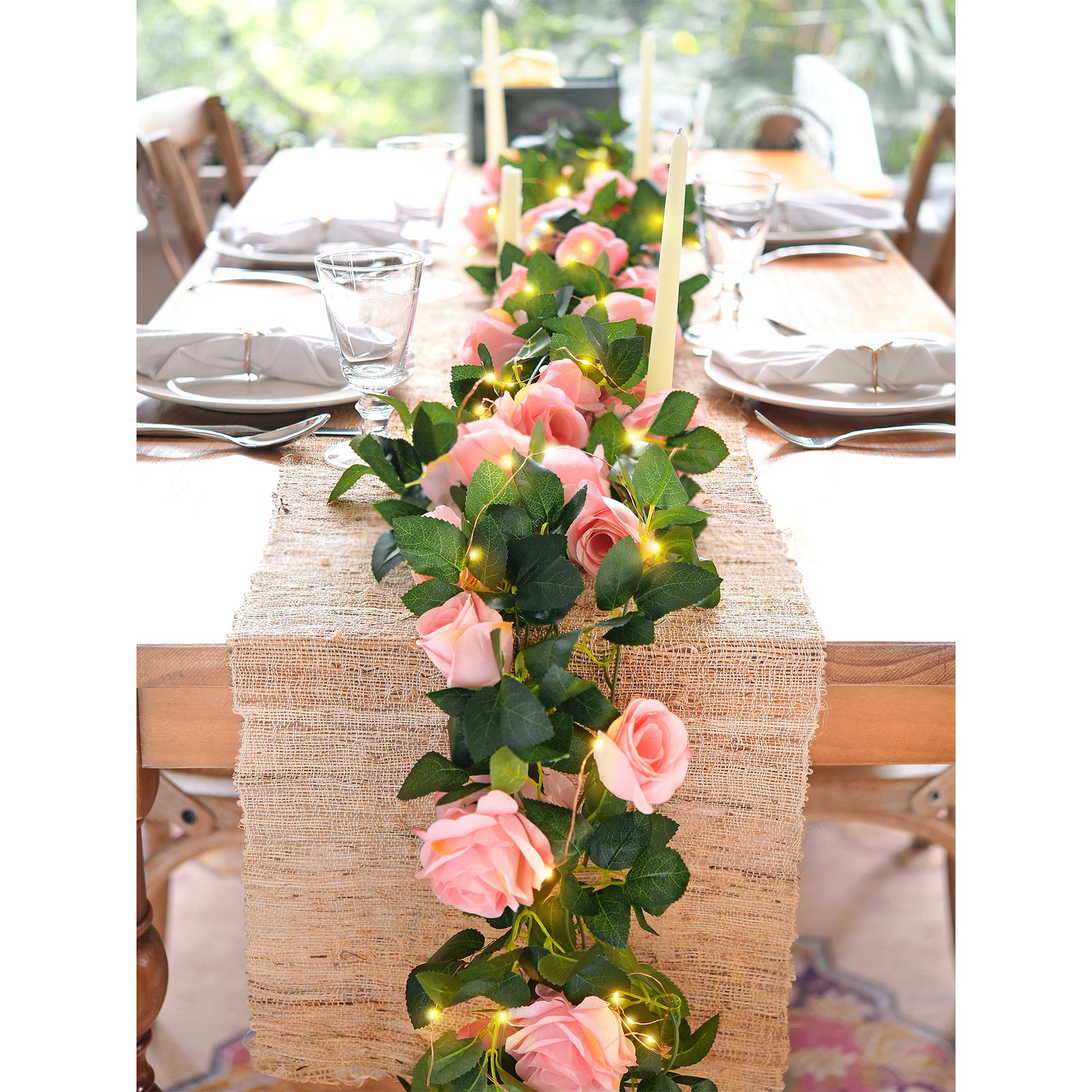 14 Ft 2 Pack Amaranth Pink Rose Silk Flower Garland Artificial Flowers Decoration Hanging Floral with 33 feet String Lights