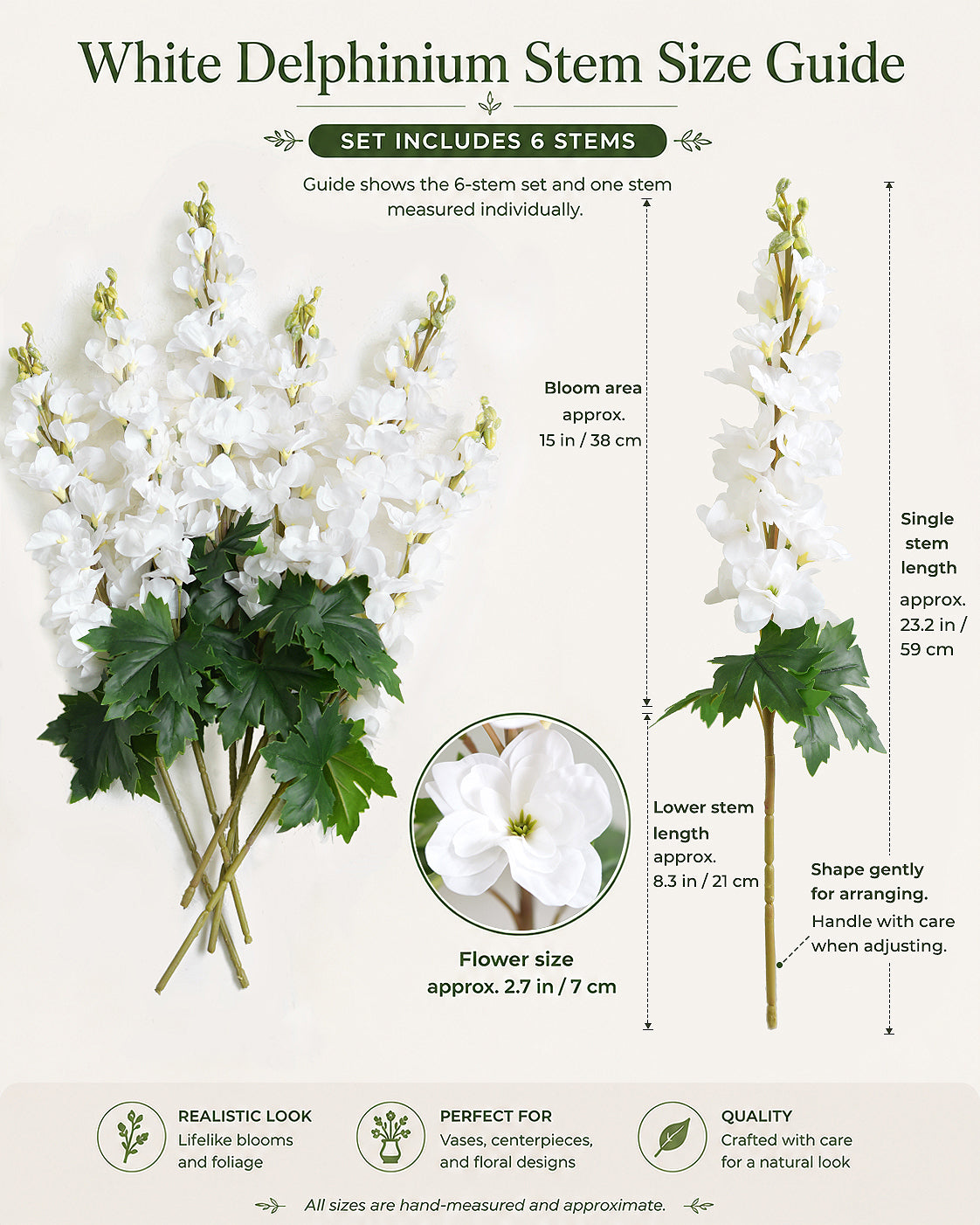 White delphinium stem size guide showing 23.2 inch height and 2.7 inch flower head, set of 6