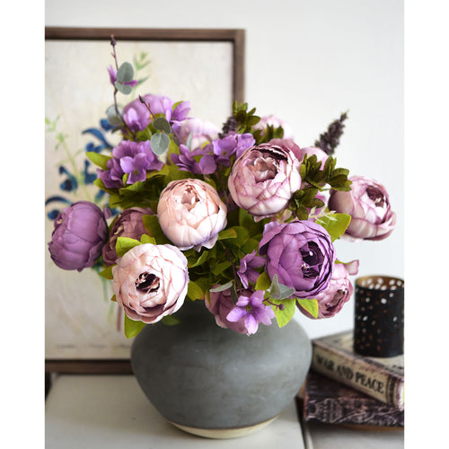 Rustic Harmony: A Bouquet of Rosie Brown, Dusty Pink, Lavender, and Dusty Purple Silk Peonies