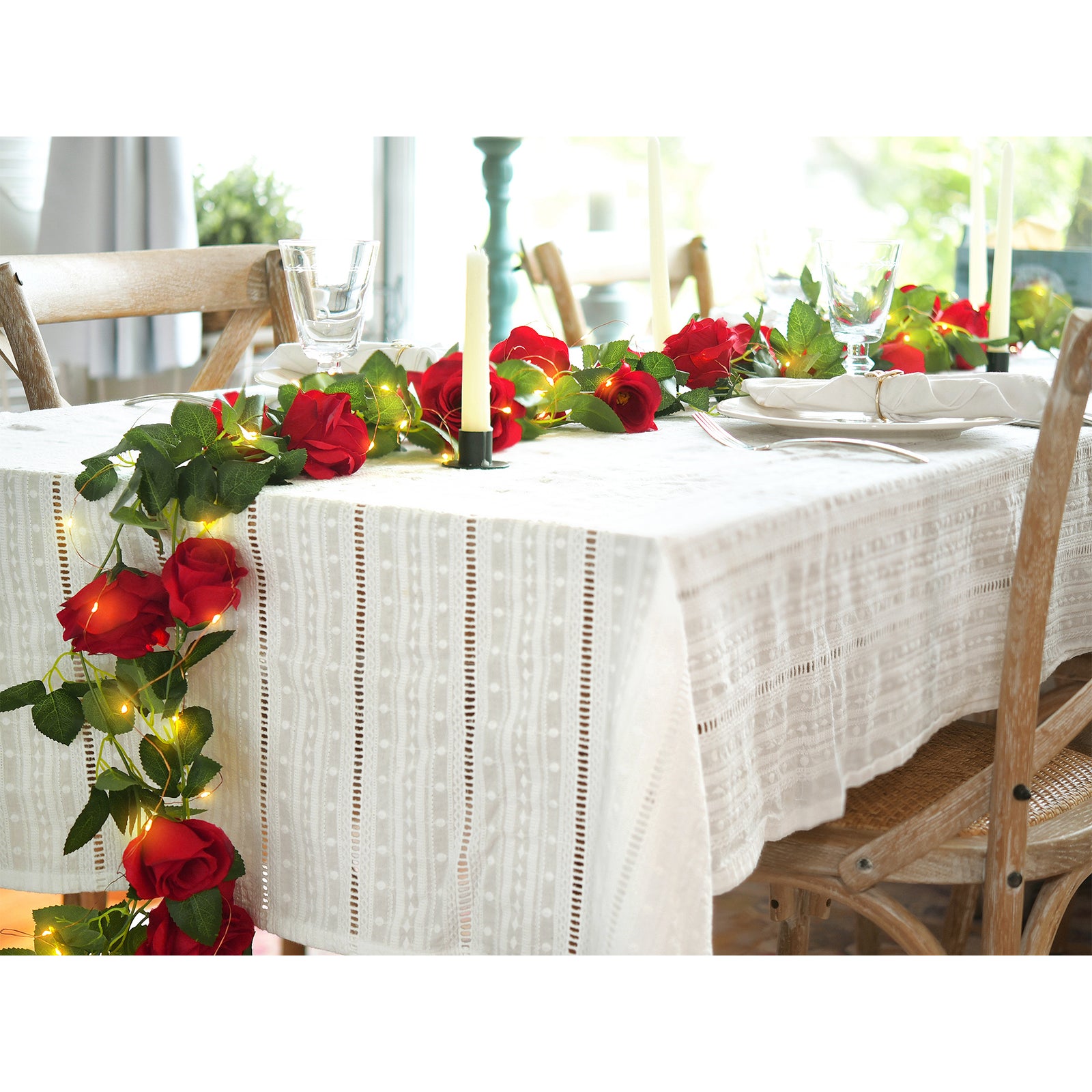 14 Ft 2 Pack Christmas Red Rose Silk Flower Garland Artificial Flowers Decoration Hanging Floral with 33 feet String Lights