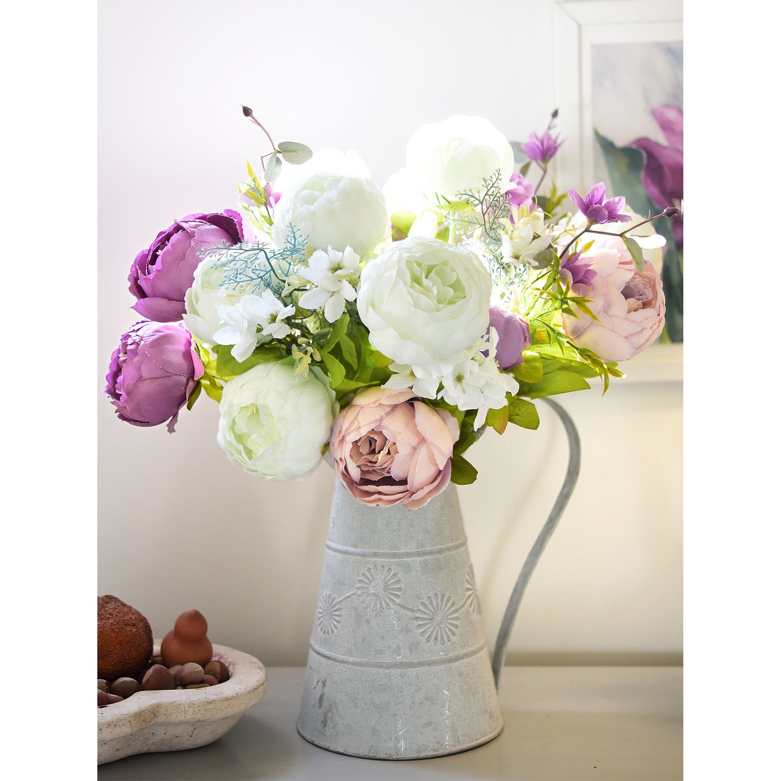 Whimsical Lavender Bliss – Artificial Peonies Bouquet (Set of 2), Purple and White Silk Flowers for Weddings, Home Decor, and DIY Centerpieces