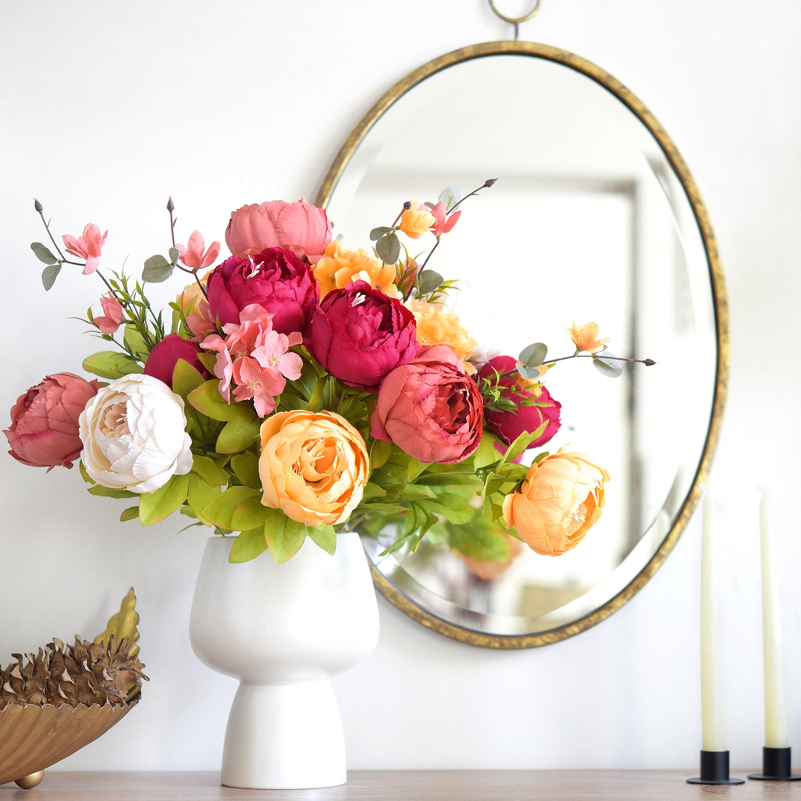Peonies Bouquet in Cream, Burgundy, Peach, and Pink – 2 Bundles of Silk Artificial Flowers for Weddings, Home, and Centerpieces