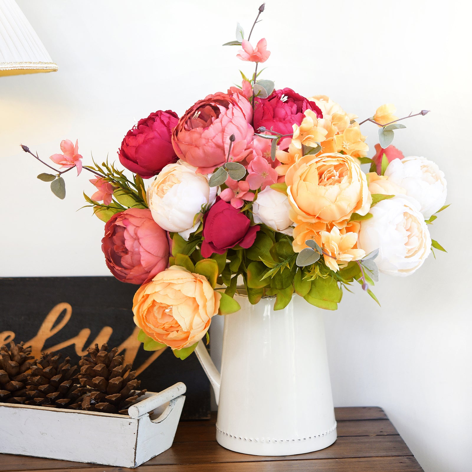 Peonies Bouquet in Cream, Burgundy, Peach, and Pink – 2 Bundles of Silk Artificial Flowers for Weddings, Home, and Centerpieces