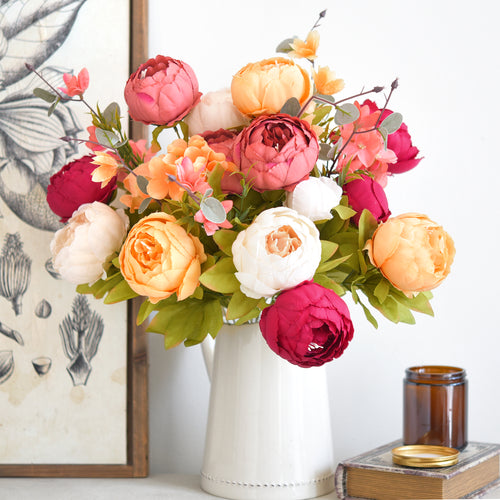 Peonies Bouquet in Cream, Burgundy, Peach, and Pink – 2 Bundles of Silk Artificial Flowers for Weddings, Home, and Centerpieces