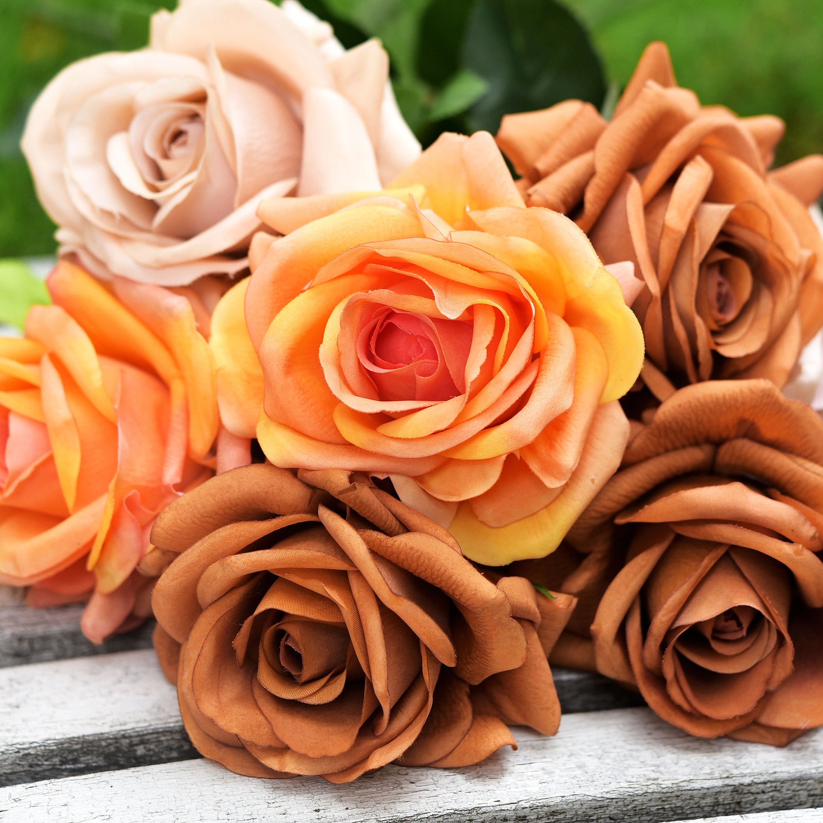 6 Long Stems Sunglow Orange Real Touch Garden Roses Large Blooms