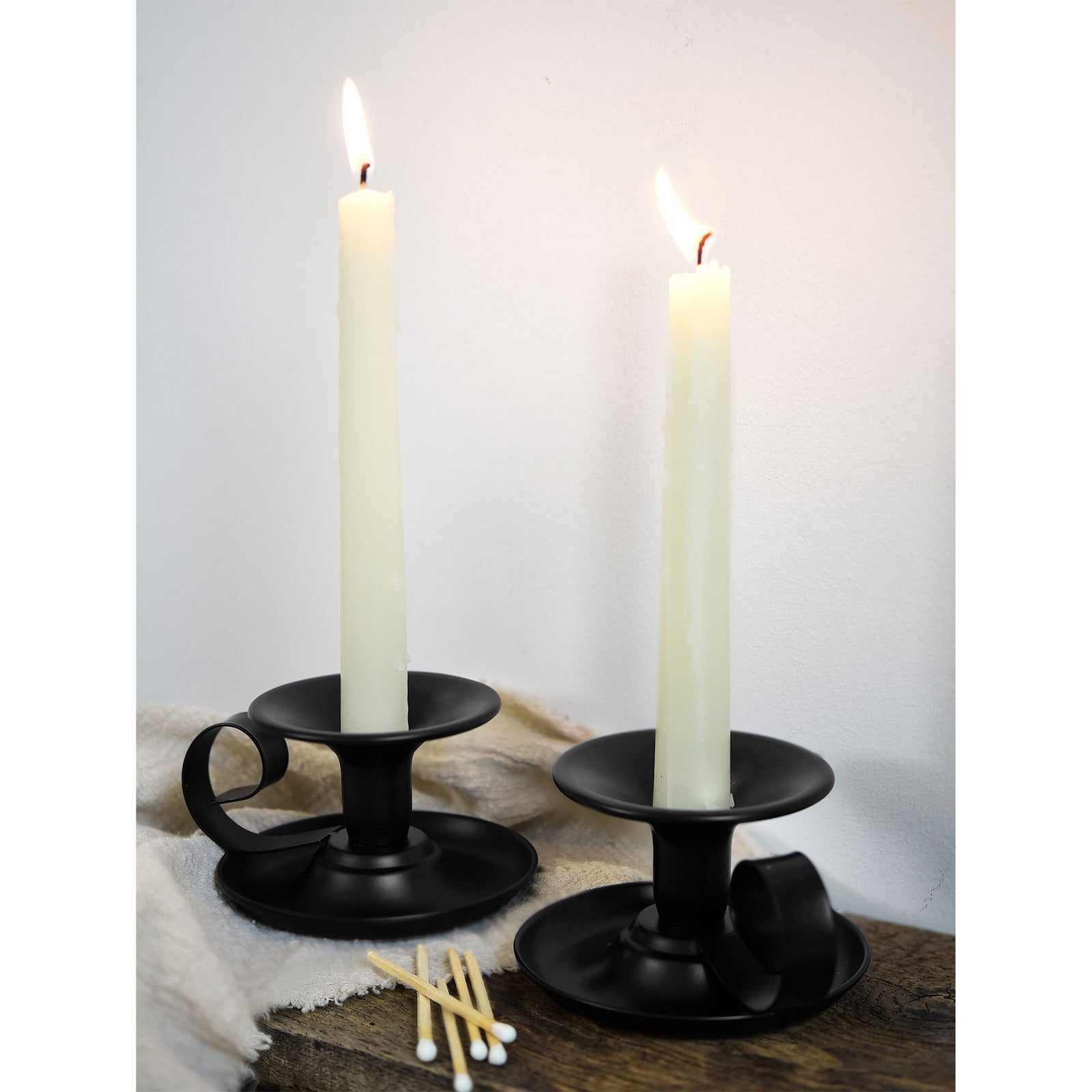 2 Black Plated Saucer Vintage Iron Candle Holders with Handle for Taper Wax Candlesticks