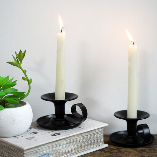 2 Black Plated Saucer Vintage Iron Candle Holders with Handle for Taper Wax Candlesticks