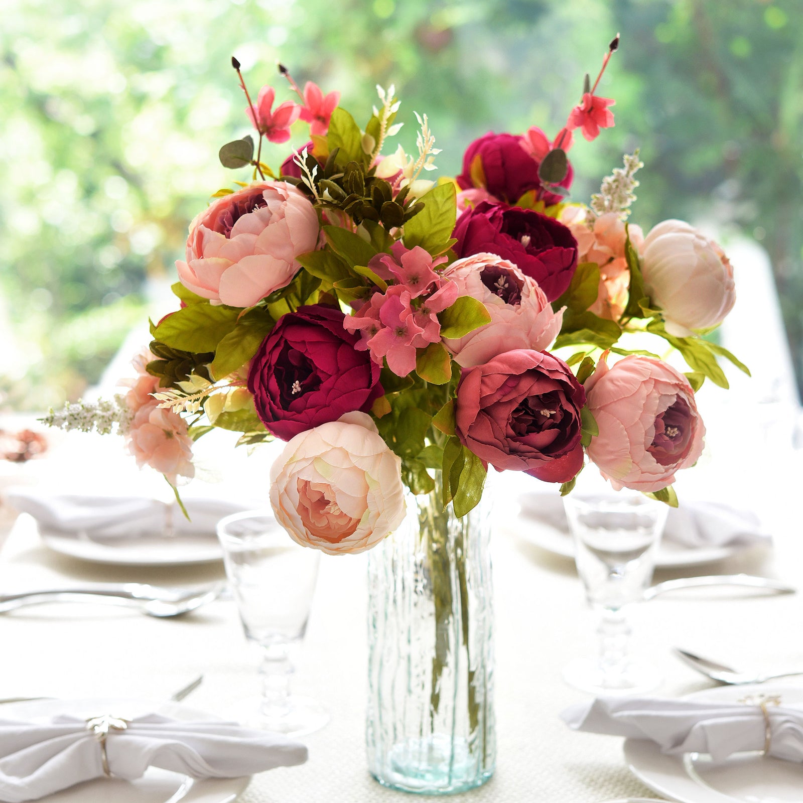 Celebrate Timeless Beauty: A Duo of Luxurious Artificial Silk Peony Bouquets in Deep Carmine, Dusty Red, and Faded Pink