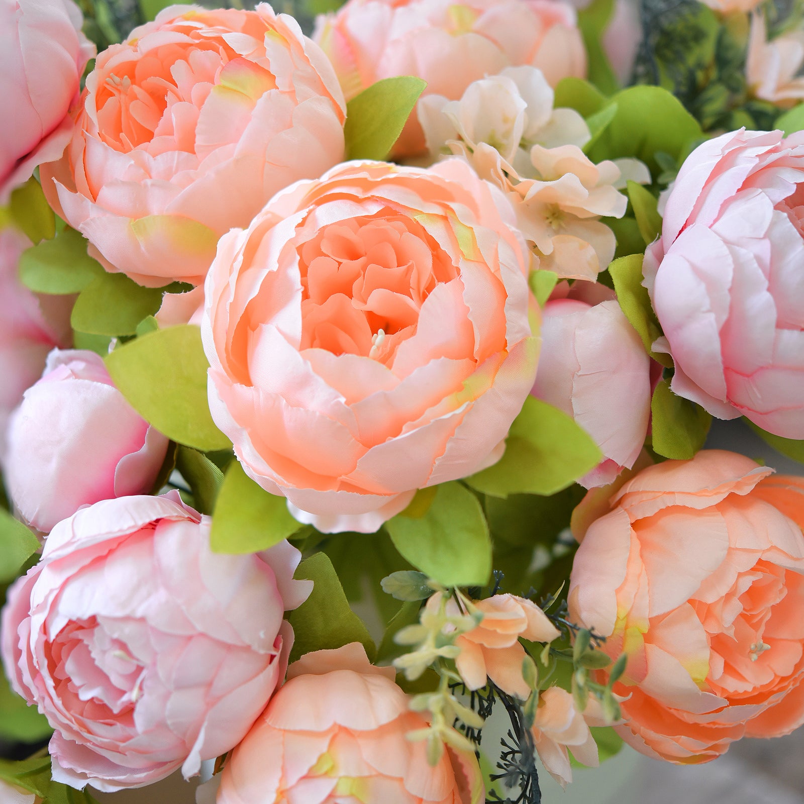 Soft Spring Delight Artificial Peony Bouquet – Set of 2 Faux Silk Bundles (Peach, Cream & Spring Green) – Flexible Stems for Weddings & Home Décor