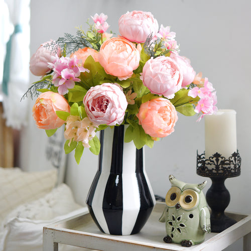 Soft Spring Delight Artificial Peony Bouquet – Set of 2 Faux Silk Bundles (Peach, Cream & Spring Green) – Flexible Stems for Weddings & Home Décor