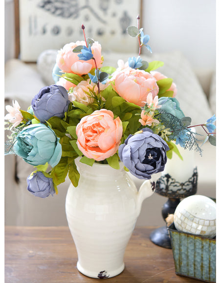 Blue Serenity Bloom Artificial Peony Bouquet – Set of 2 Faux Silk Bundles (Navy, Aqua, Peach & Cream) – Flexible Stems for Events & Home Styling