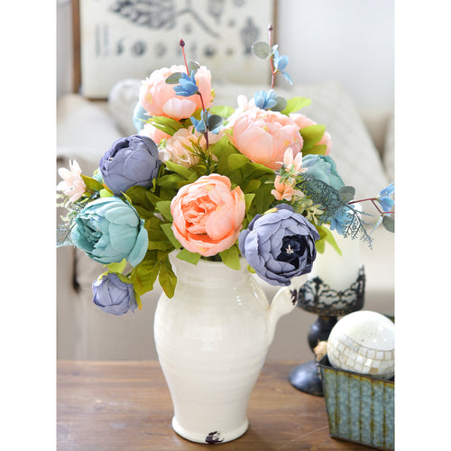 Blue Serenity Bloom Artificial Peony Bouquet – Set of 2 Faux Silk Bundles (Navy, Aqua, Peach & Cream) – Flexible Stems for Events & Home Styling