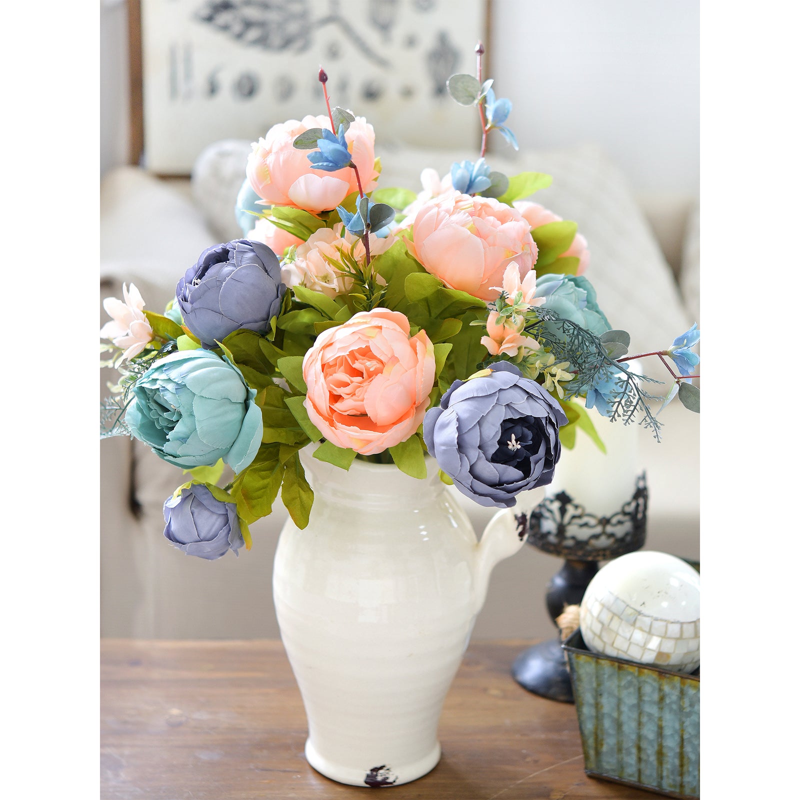 Blue Serenity Bloom Artificial Peony Bouquet – Set of 2 Faux Silk Bundles (Navy, Aqua, Peach & Cream) – Flexible Stems for Events & Home Styling