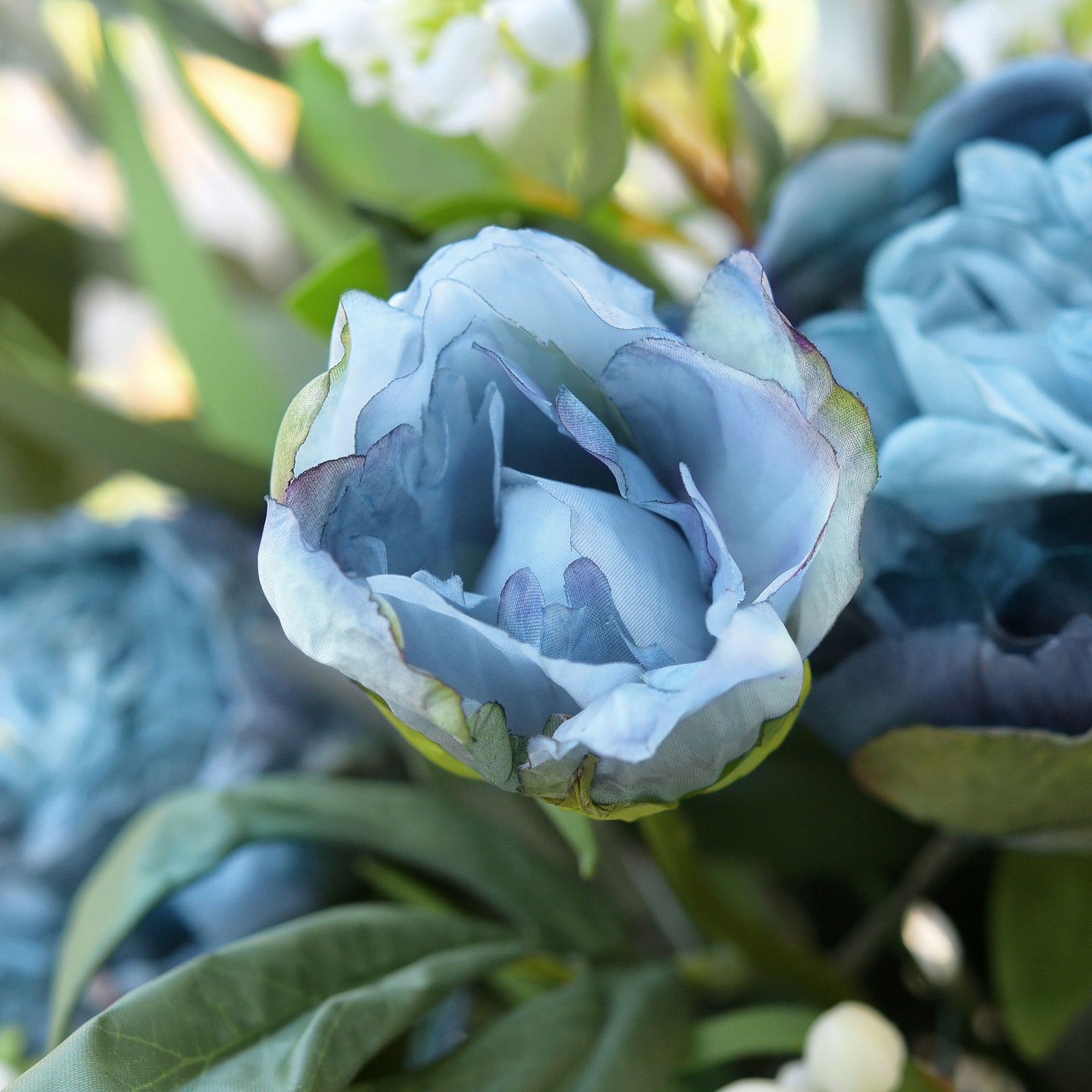 Dusty Blue Nostalgic Sentimental Rustic Vintage Silk Peony Artificial Flower Bouquet 6 Stems