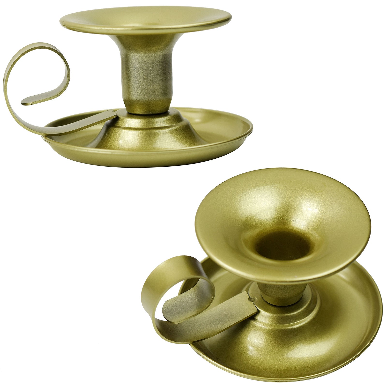 2 Gold Plated Iron Saucer Vintage Iron Candle Holders with Handle for Taper Wax Candlesticks