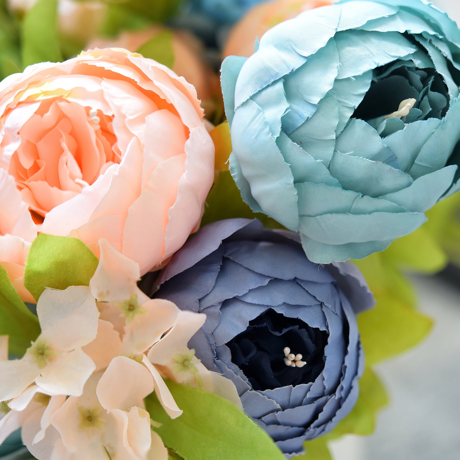 Blue Serenity Bloom Artificial Peony Bouquet – Set of 2 Faux Silk Bundles (Navy, Aqua, Peach & Cream) – Flexible Stems for Events & Home Styling