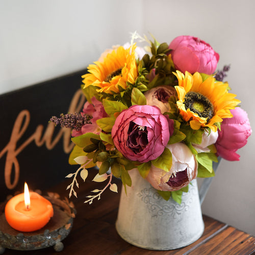 Silk Pink Peonies and Sunflowers Mix Flower Bouquet Artificial Flowers, FiveSeasonStuff Floral
