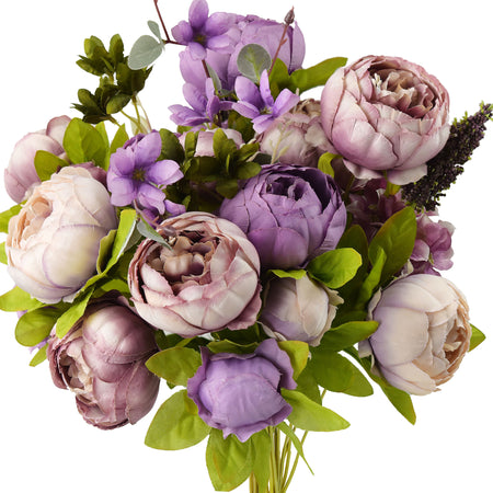 FiveSeasonStuff Dusty Purple & Mauve Artificial Peony Bouquet, Two Faux Silk Flower Bundles with Hydrangeas and Greenery