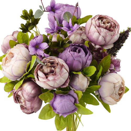 FiveSeasonStuff Dusty Purple & Mauve Artificial Peony Bouquet, Two Faux Silk Flower Bundles with Hydrangeas and Greenery