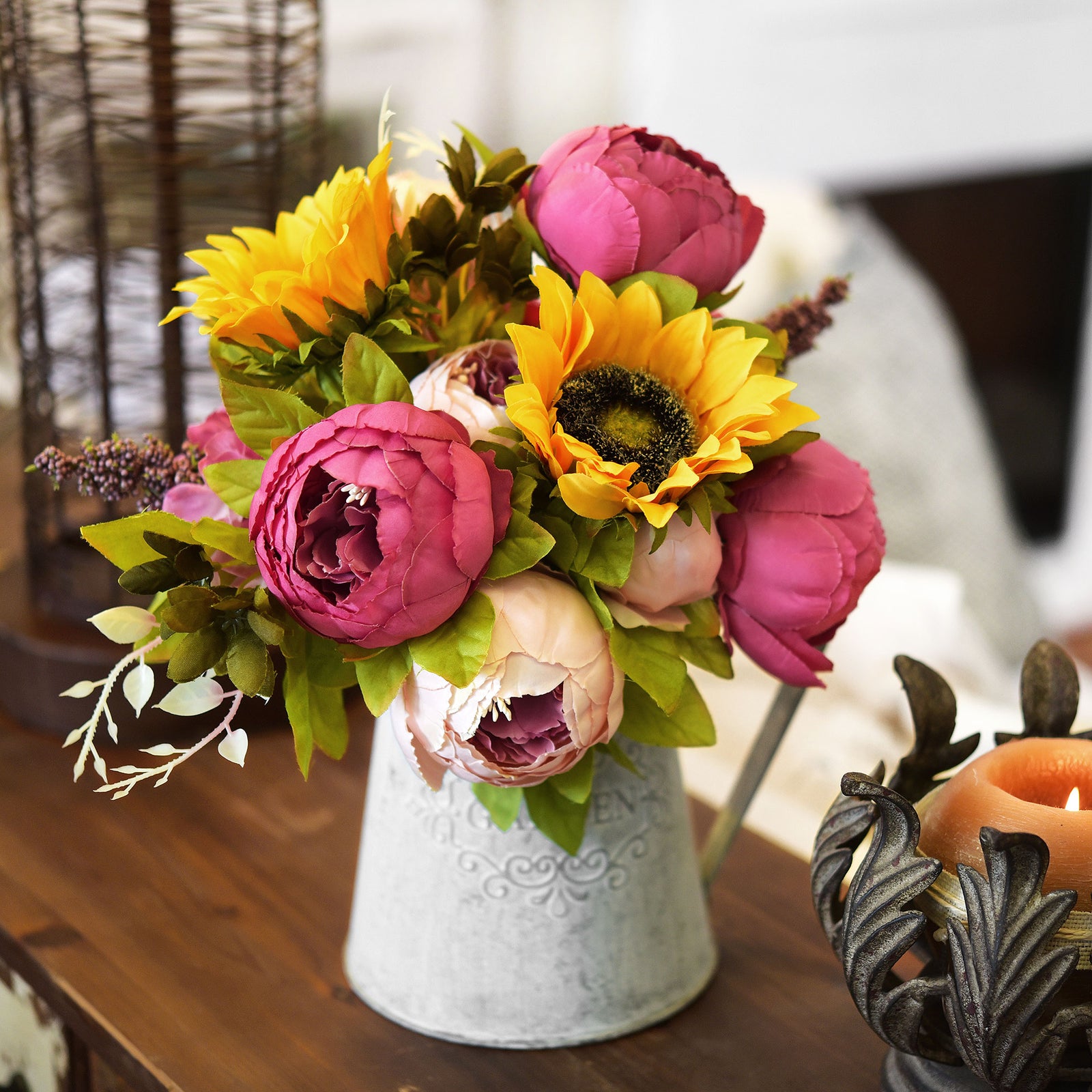 Silk Pink Peonies and Sunflowers Mix Flower Bouquet Artificial Flowers, FiveSeasonStuff Floral