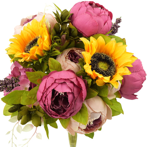 Silk Pink Peonies and Sunflowers Mix Flower Bouquet Artificial Flowers, FiveSeasonStuff Floral